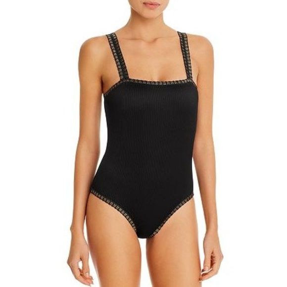 Platinum Solange Ferrarini Square Neck One Piece Ribbed Black Gold Swimsuit M - Picture 1 of 12